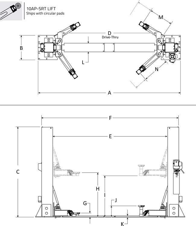 BendPak 10AP-SRT and 12AP-12SRT Specifications Diagram
