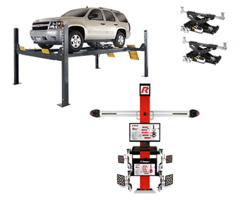 HDS-14LSXE-Combo, Includes BendPak HDS-14LSXE 4-Post Limo Extended Alignment Lift, Ranger 3DP4100R Target 3DPro™ Imaging Wheel Alignment System, and a Set of 2 BendPak RJ-7 Rolling Bridge Jack
