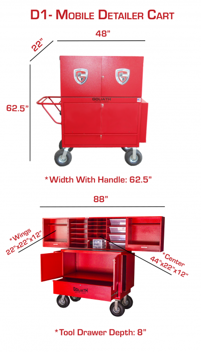 Dimensions for D1-A mobile detailer cart